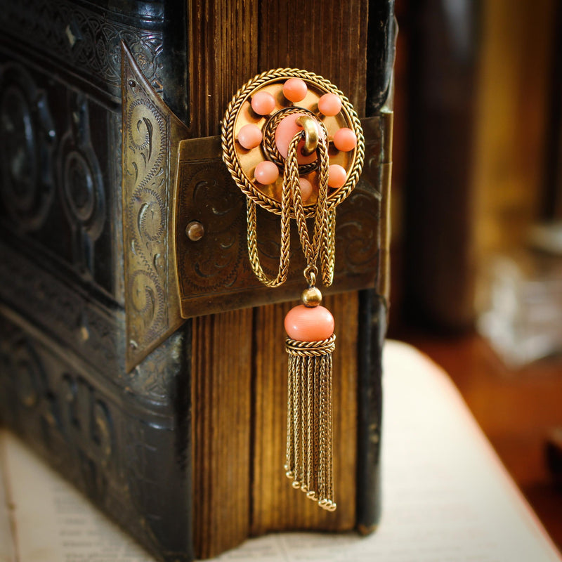 Rare Mid Victorian Etruscan Revival Coral Drapery Brooch